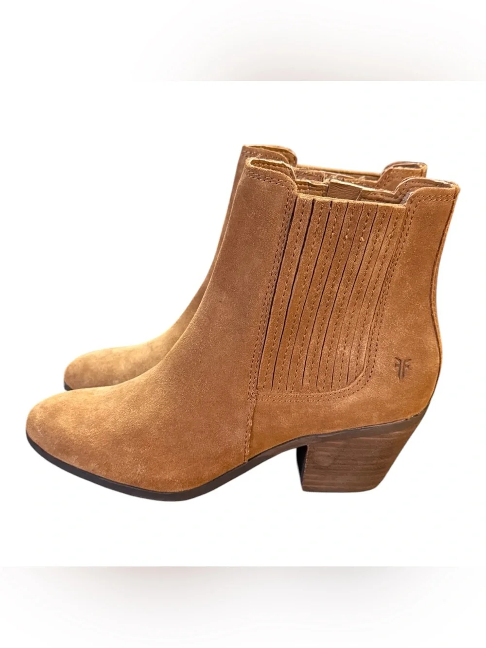 Frye Sandra Suede Chelsea Ankle Boots Cognac Brown Stacked Block Heel Size 6.5